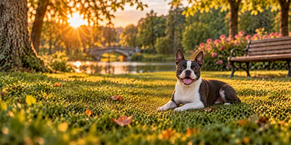 A seal and white Boston Terrier lying on a park lawn beside a pond at sunset