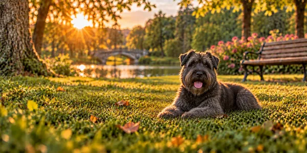 A gray Bouvier des Flandres with a tousled coat lying on a park lawn beside a pond at sunset