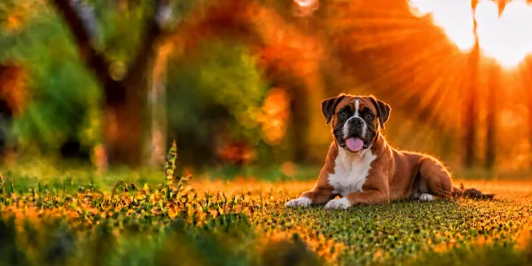 A fawn Boxer with a white chest lying in park grass, backlit by a low sun