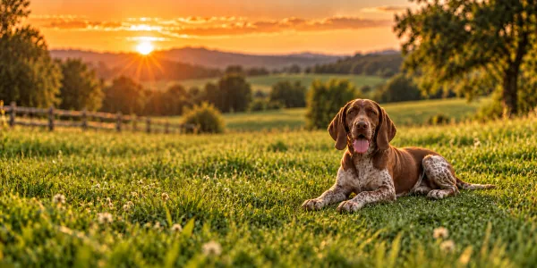 A roan Bracco Italiano lying in a meadow beside a wooden fence at sunset