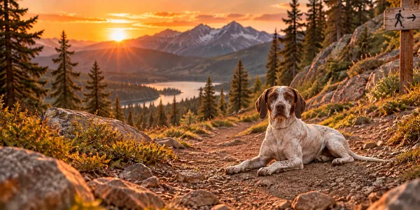 A liver ticked Braque du Bourbonnais lying on a mountain trail at sunset