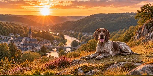 A liver and white Braque Francais Pyrenean lying on a hillside above a river town at sunset