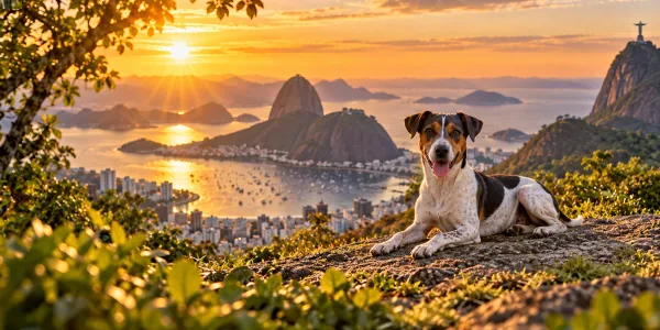 A tricolor Brazilian Terrier lying on a hillside above Rio de Janeiro at sunset