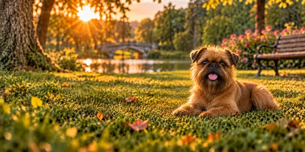 A red Brussels Griffon with a bearded face lying on a park lawn beside a stone bridge