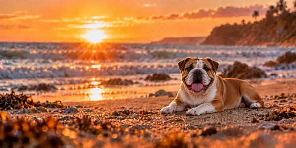A fawn and white Bulldog lying on a beach at sunset