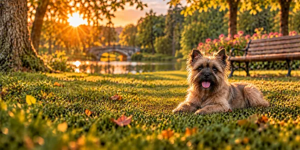 A wheaten Cairn Terrier with a shaggy coat lying on a park lawn beside a stone bridge