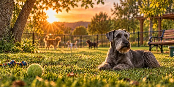 A gray Cesky Terrier lying on the grass at a dog park at sunset