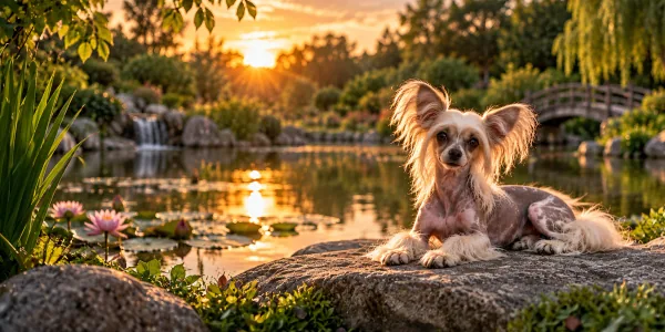 A hairless Chinese Crested with a white crest and plumed tail lying on a rock beside a lily pond