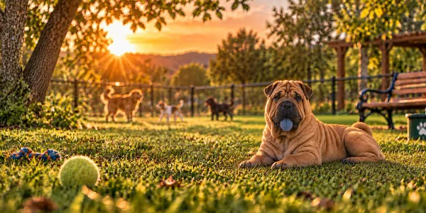 A fawn Chinese Shar-Pei with heavy wrinkles lying on the grass at a dog park at sunset