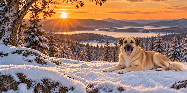 A tawny Chinook with a dark mask lying in snow above a valley at sunset