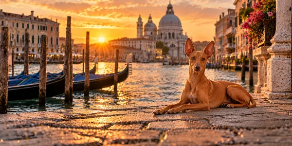 A tan Cirneco dell'Etna with tall pricked ears lying beside a Venetian canal at sunset