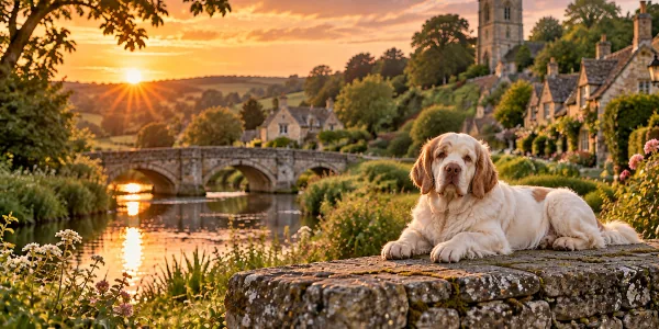 A white and lemon Clumber Spaniel lying on a stone wall above an English village stream