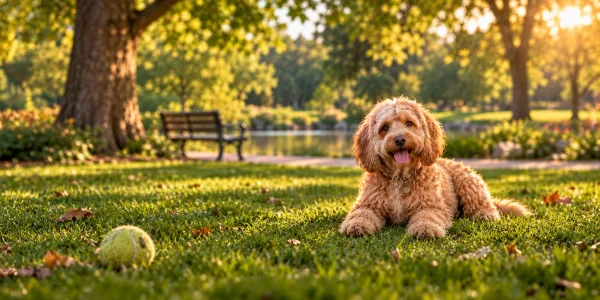 An apricot Cockapoo with a curly coat lying on a park lawn beside a pond at sunset