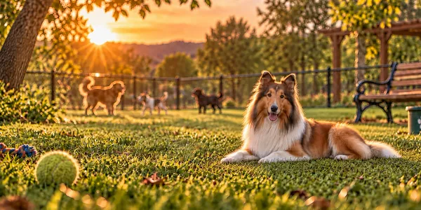 A sable and white rough Collie lying on the grass at a dog park at sunset