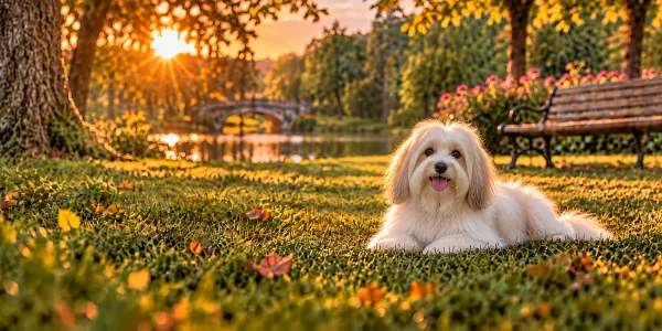 A white Coton de Tulear lying on a park lawn beside a stone bridge