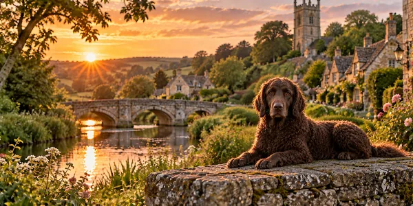 A liver Curly-Coated Retriever lying on a stone wall above an English village stream