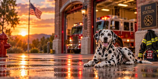 A Dalmatian lying on wet asphalt outside a fire station at sunset