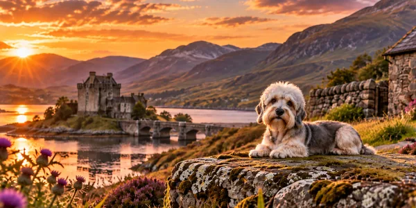 A pepper Dandie Dinmont Terrier lying on a stone wall above a Scottish loch and castle