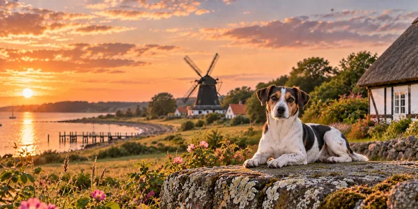 A white and black Danish-Swedish Farmdog lying on a stone wall above a coastal village with a windmill