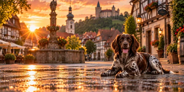 A brown roan Deutscher Wachtelhund lying on wet cobbles in a German town square at sunset
