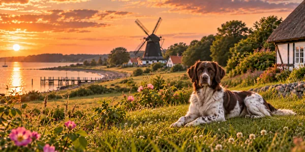 A white and liver Drentsche Patrijshond lying on a grassy bank above a harbor with a windmill