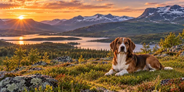 A tricolor Drever lying on a ridge above a lake with mountains behind at sunset