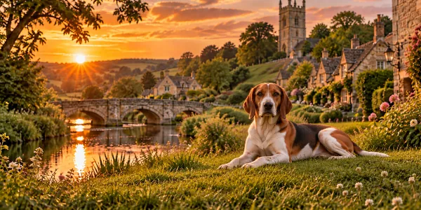 A tricolor English Foxhound lying on a bank above an English village stream at sunset