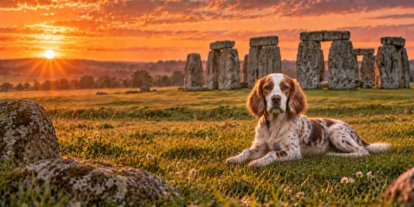 An orange belton English Setter lying in grass beside standing stones at sunrise