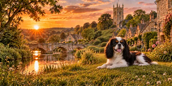 A Blenheim English Toy Spaniel lying on a bank above an English village stream at sunset
