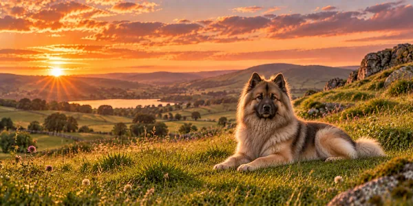 A wolf-gray Eurasier lying on a hillside above rolling farmland at sunset