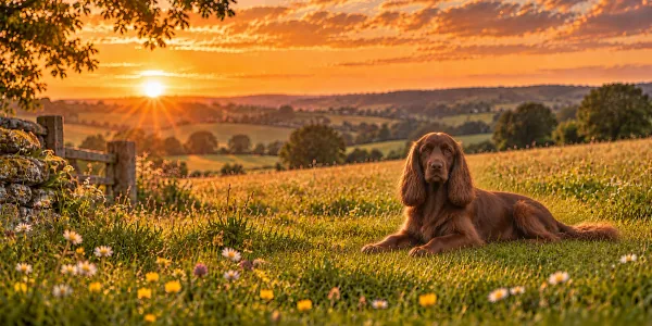 A liver Field Spaniel lying in a wildflower meadow beside a wooden fence at sunset