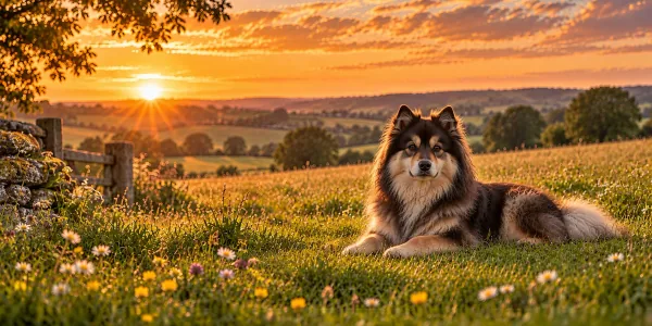 A black and tan Finnish Lapphund lying in a wildflower meadow at sunset