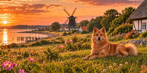 A red-gold Finnish Spitz lying on a grassy bank above a harbor with a windmill