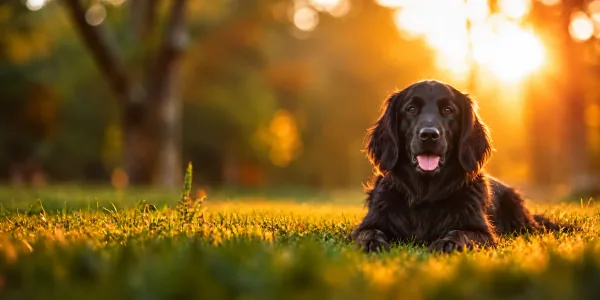 A black Flat-Coated Retriever lying in park grass, backlit by a low sun