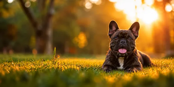A brindle French Bulldog with bat ears lying in park grass, backlit by a low sun