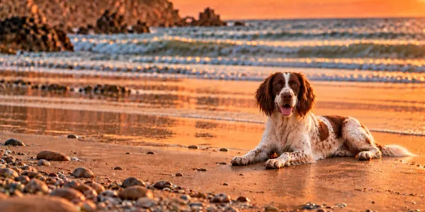 A white and liver ticked French Spaniel lying on a pebbled beach at sunset