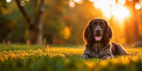 A brown roan German Longhaired Pointer lying in park grass, backlit by a low sun