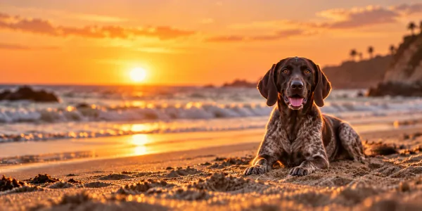 A liver roan German Shorthaired Pointer lying on a beach at sunset