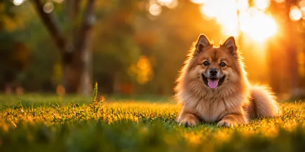 A cream German Spitz lying in park grass, backlit by a low sun