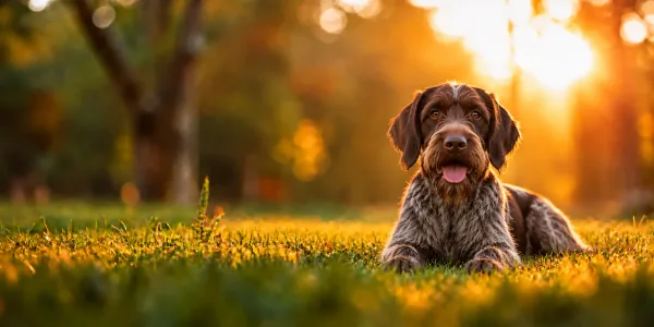 A liver and white German Wirehaired Pointer with a bearded face lying in park grass at sunset