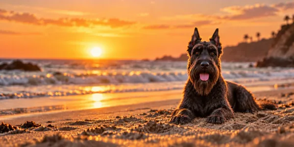 A black Giant Schnauzer with a bearded face lying on a beach at sunset