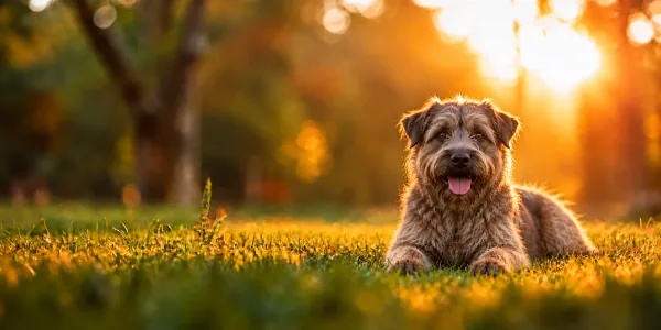 A wheaten Glen of Imaal Terrier with a rough coat lying in park grass, backlit by a low sun