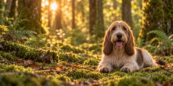 A white and tan Grand Basset Griffon Vendeen with a shaggy coat lying on forest moss at sunset