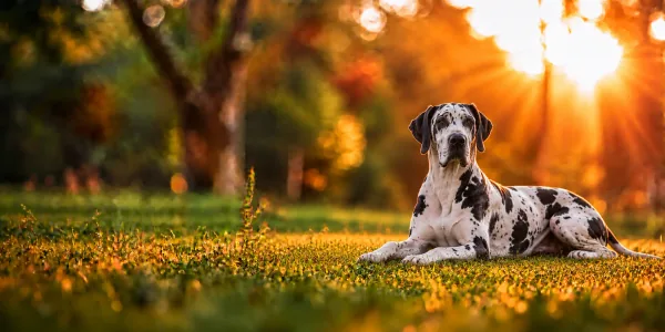 A harlequin Great Dane lying in park grass, backlit by a low sun