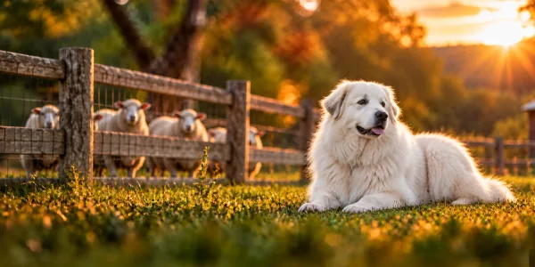 A white Great Pyrenees lying in pasture beside a fence with sheep behind at sunset