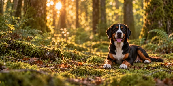 A tricolor Greater Swiss Mountain Dog lying on a forest floor at sunset