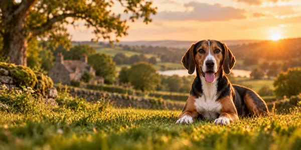 A tricolor Hamiltonstovare lying on a hillside above English farmland at sunset
