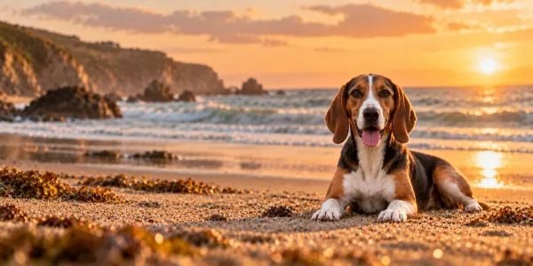 A tricolor Harrier lying on a beach at sunset