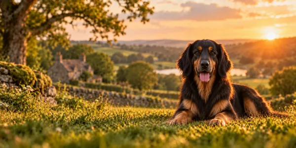 A black and gold Hovawart lying on a hillside above English farmland at sunset