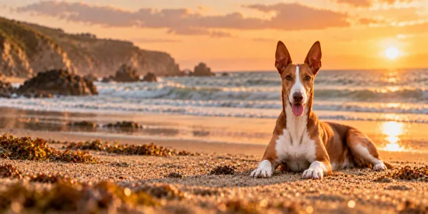 A red and white Ibizan Hound with tall pricked ears lying on a beach at sunset